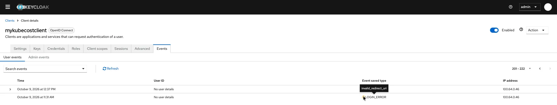 Keycloak events invalid_redirect_uri