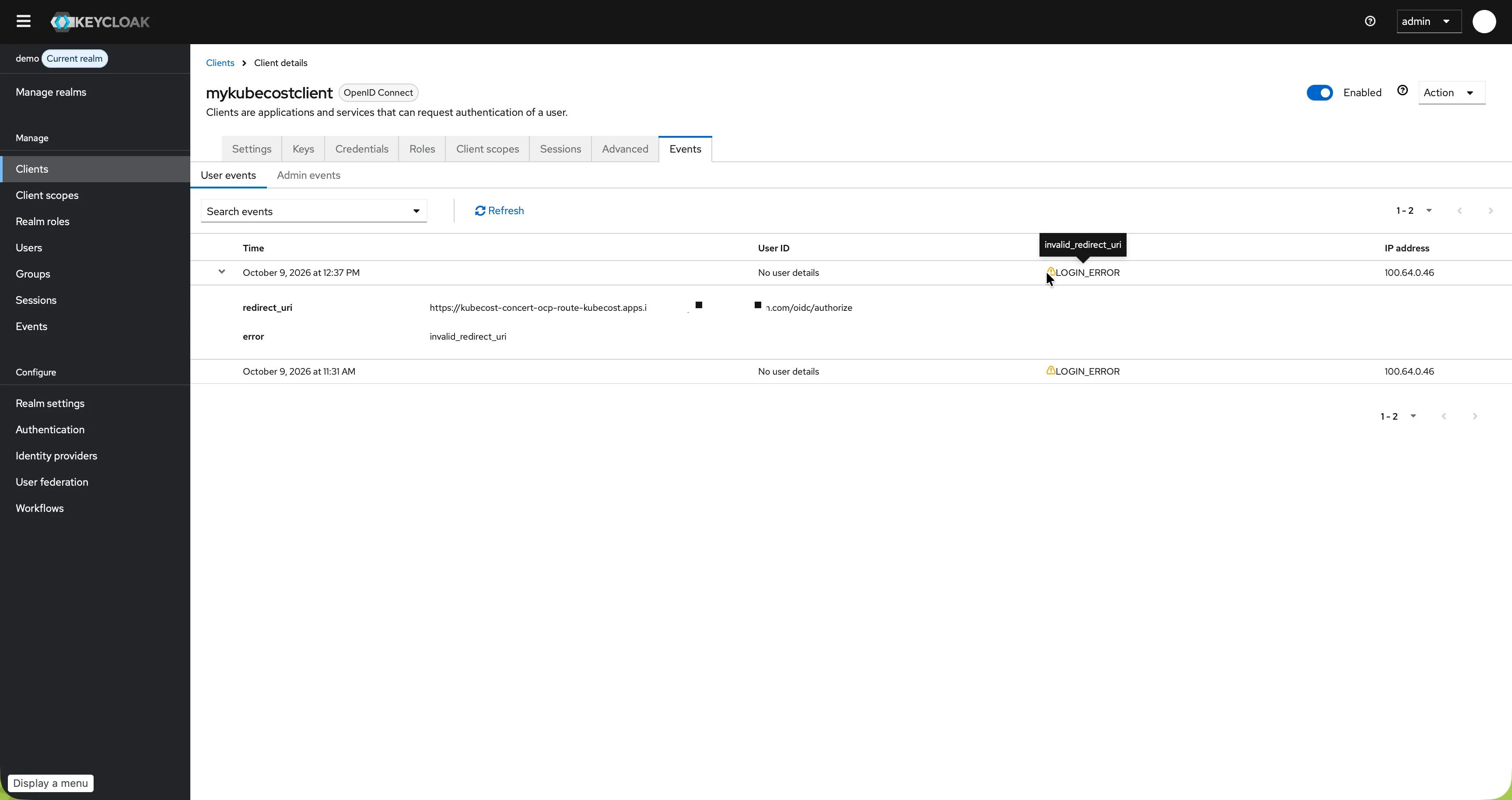 Keycloak events invalid_redirect_uri