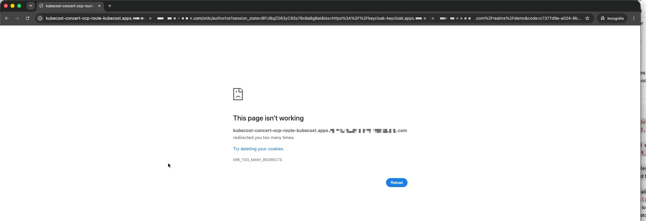 Browser showing ERR_TOO_MANY_REDIRECTS after Kubecost login attempt