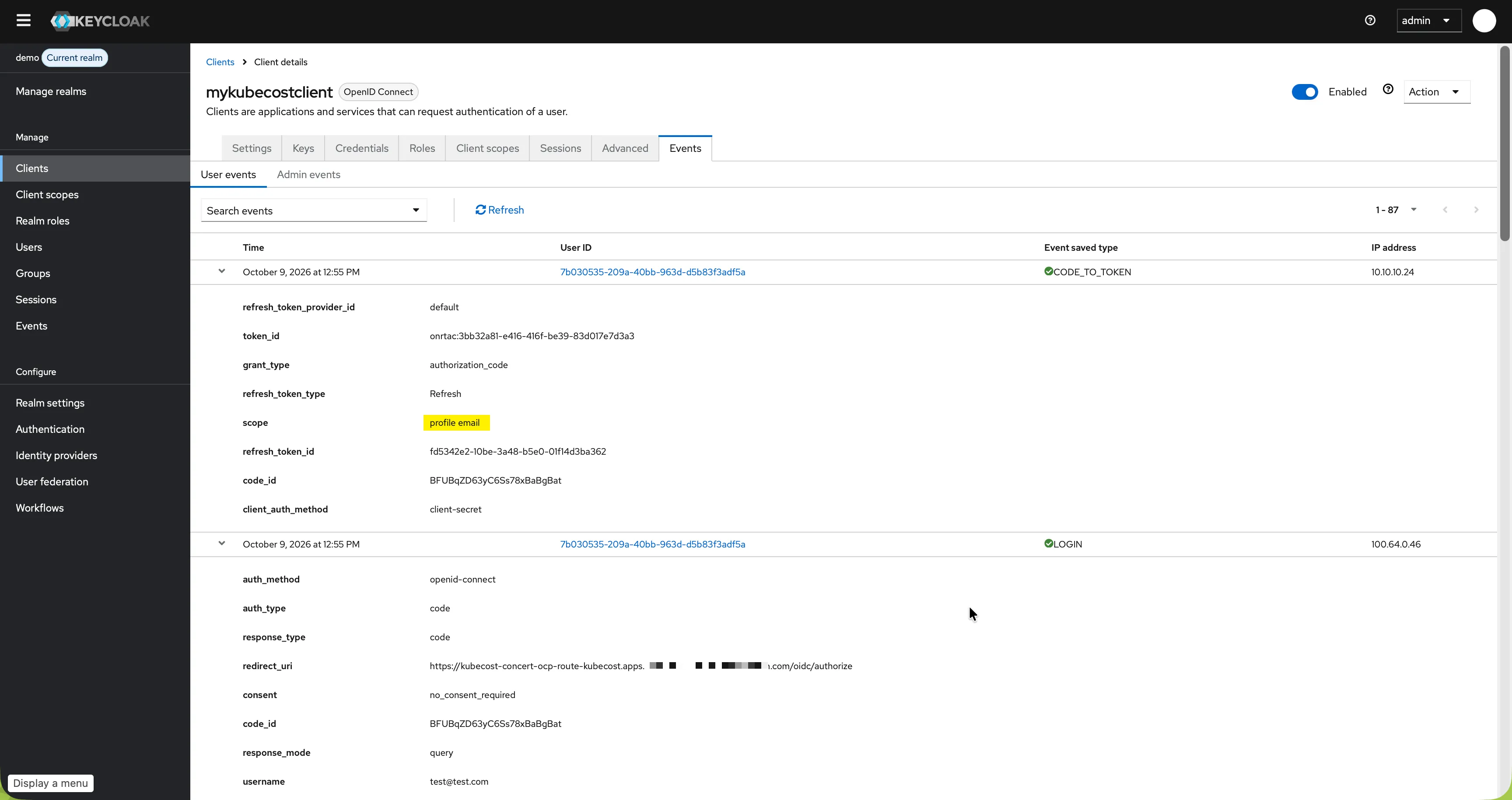 Keycloak Events no openid scope present