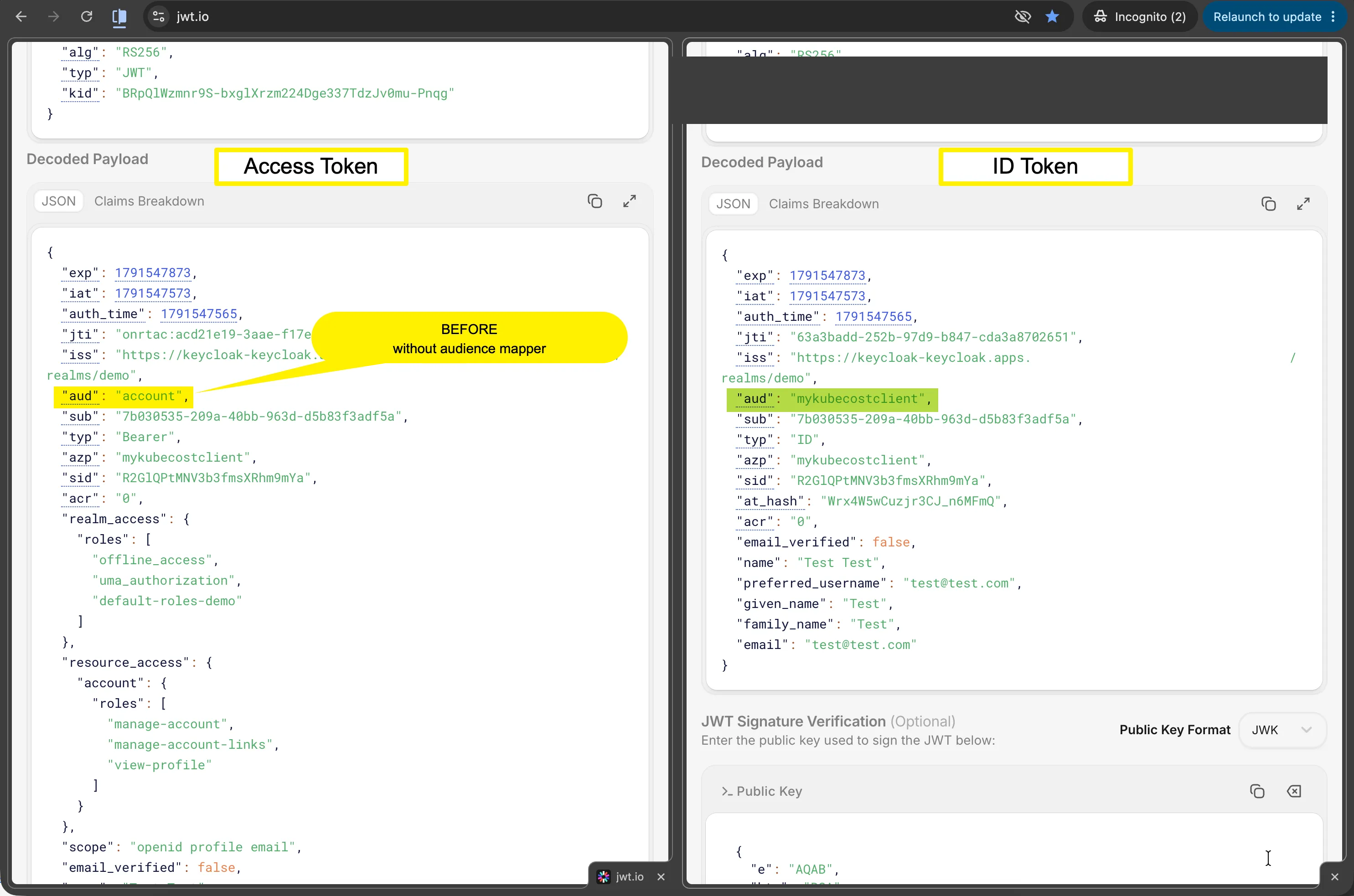 Access Token and ID Token decoded on jwt.io — access token aud claim is “account”