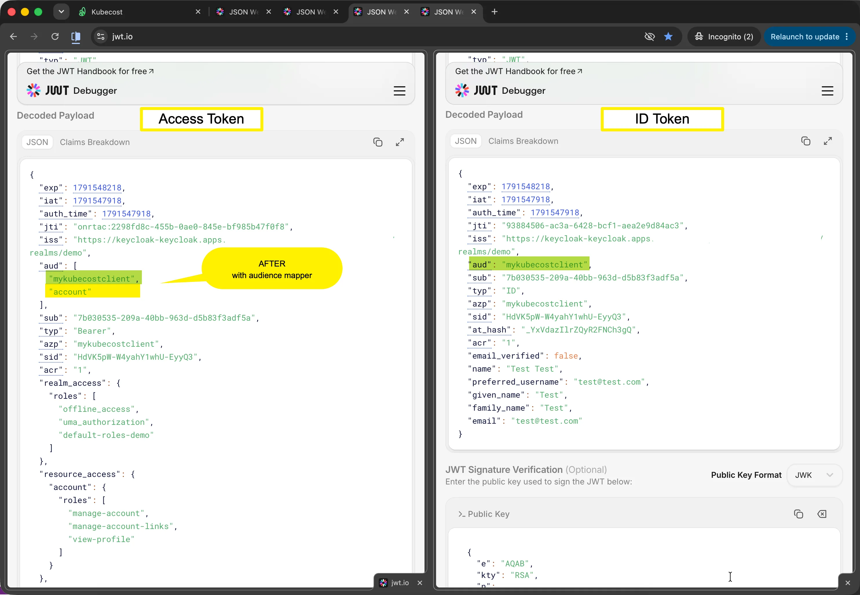 Access Token and ID Token decoded on jwt.io — access token aud claim is “account” and “mykubecostclient”