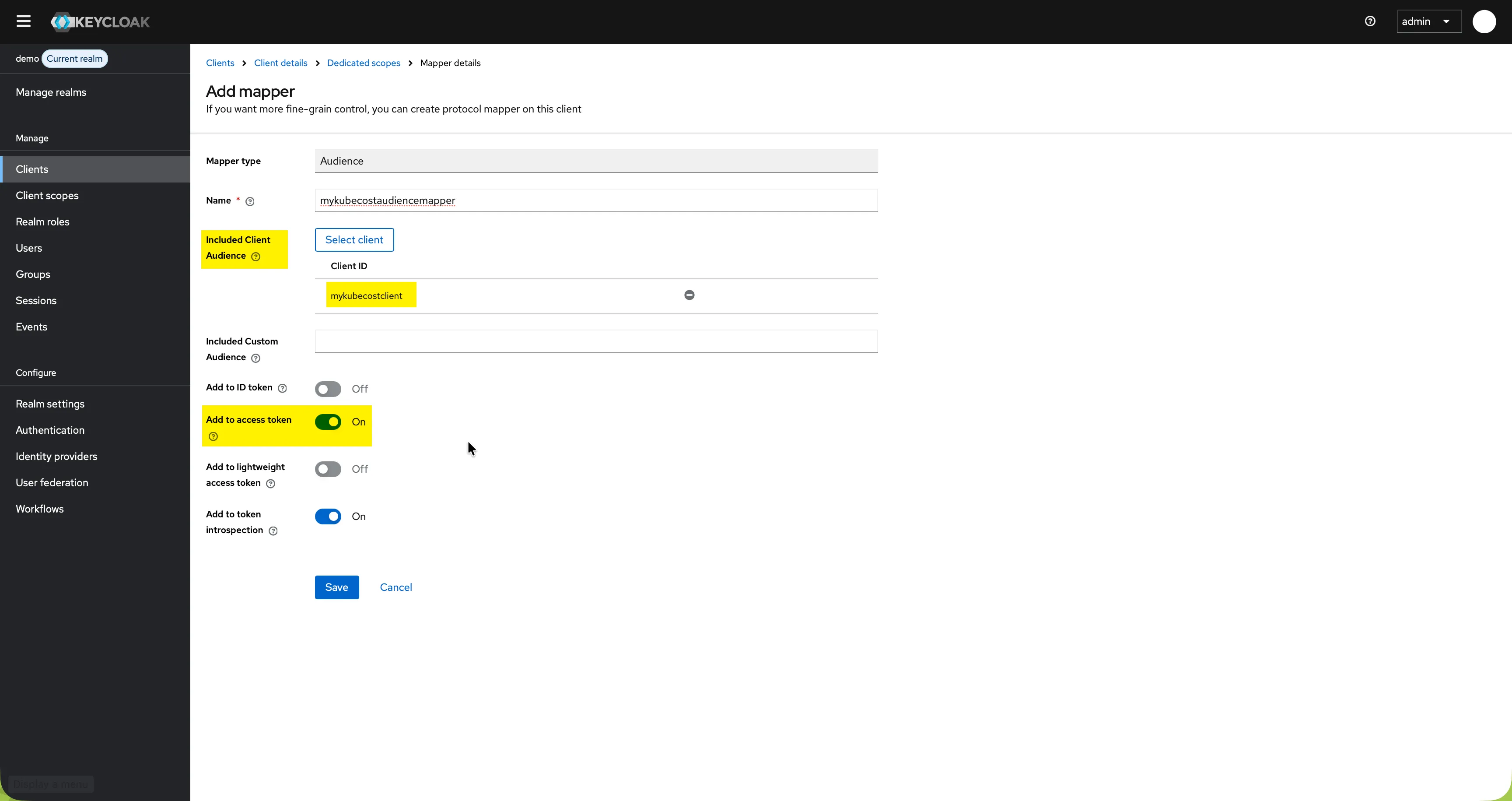 Keycloak mapper details add audience mykubecostclient